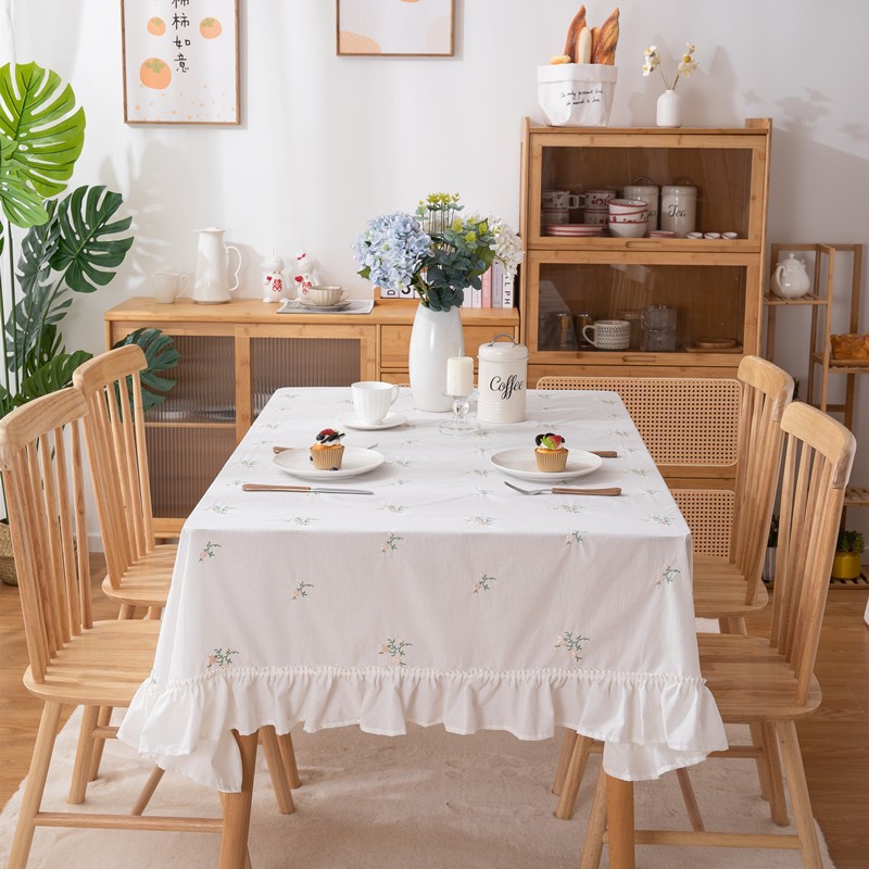 轻奢全棉杏色绣花花草裙摆褶皱荷叶木耳边圆形茶几台布餐桌布代发 桌布 餐桌用 机织 棉制详情图59
