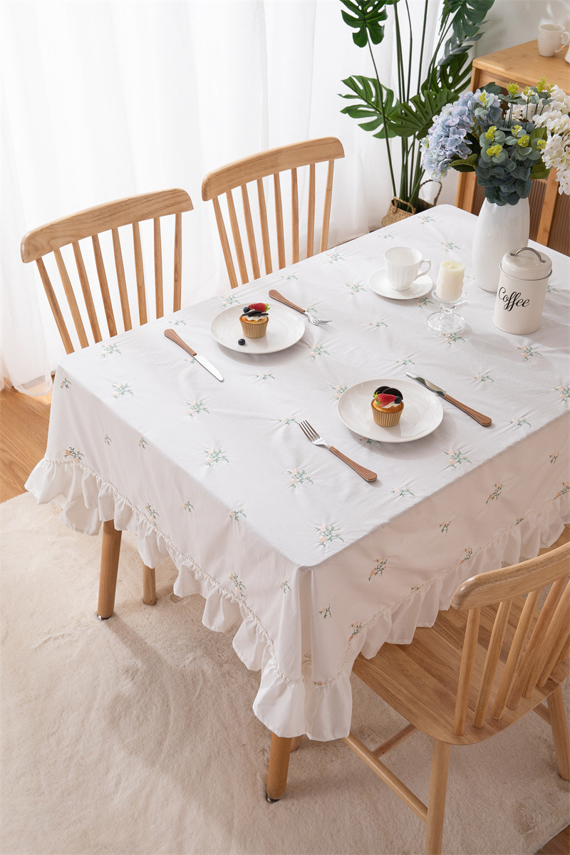 轻奢全棉杏色绣花花草裙摆褶皱荷叶木耳边圆形茶几台布餐桌布代发 桌布 餐桌用 机织 棉制详情图56