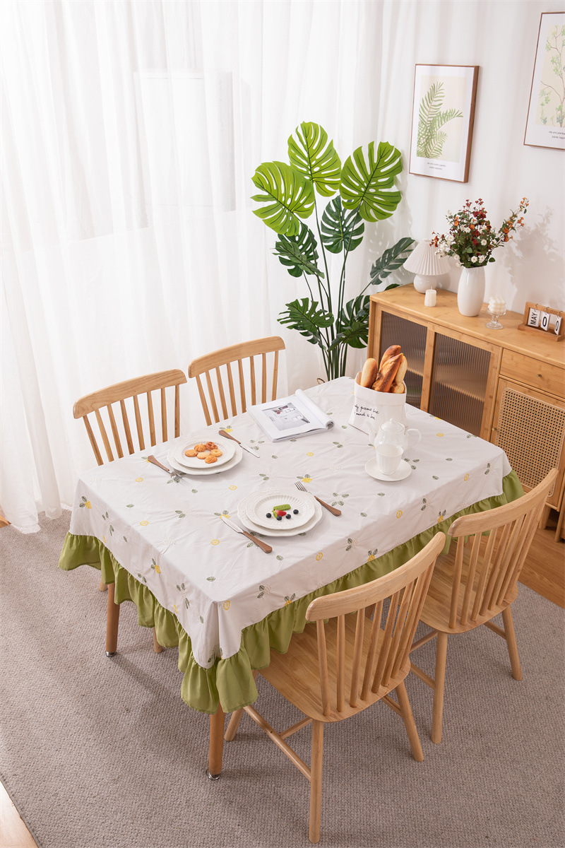 轻奢全棉杏色绣花花草裙摆褶皱荷叶木耳边圆形茶几台布餐桌布代发 桌布 餐桌用 机织 棉制详情图51