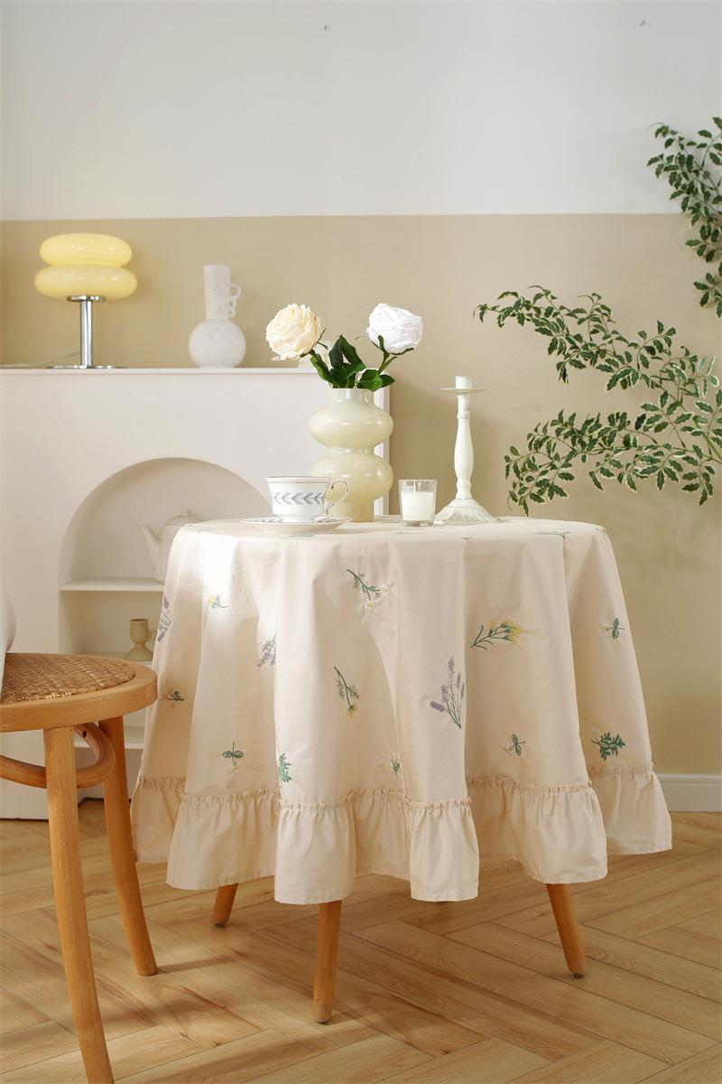 轻奢全棉杏色绣花花草裙摆褶皱荷叶木耳边圆形茶几台布餐桌布代发 桌布 餐桌用 机织 棉制详情图11