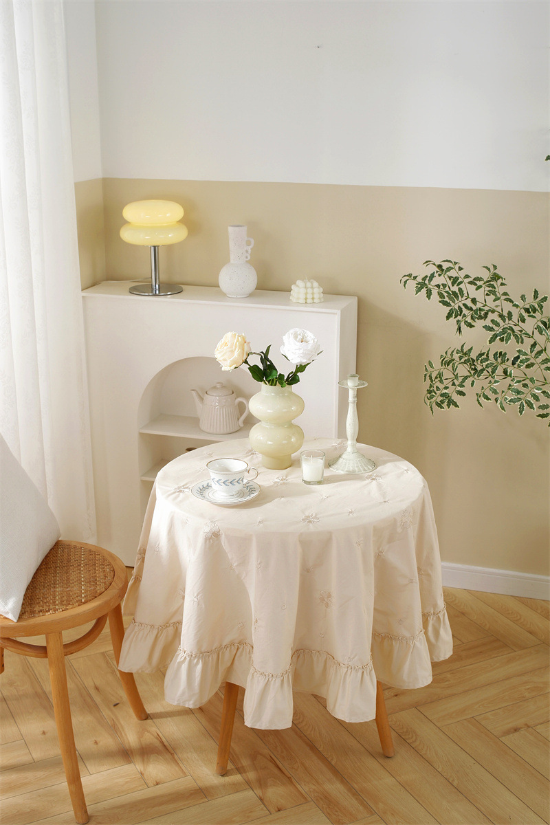 轻奢全棉杏色绣花花草裙摆褶皱荷叶木耳边圆形茶几台布餐桌布代发 桌布 餐桌用 机织 棉制详情图14