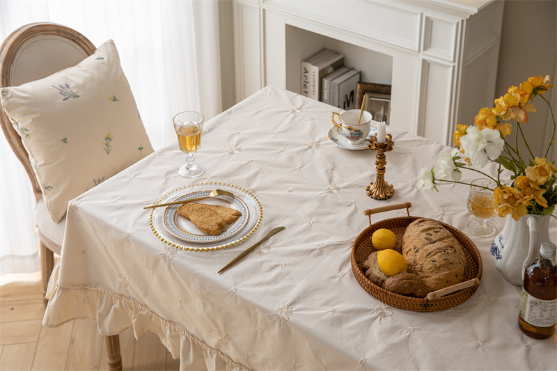 轻奢全棉杏色绣花花草裙摆褶皱荷叶木耳边圆形茶几台布餐桌布代发 桌布 餐桌用 机织 棉制详情图37