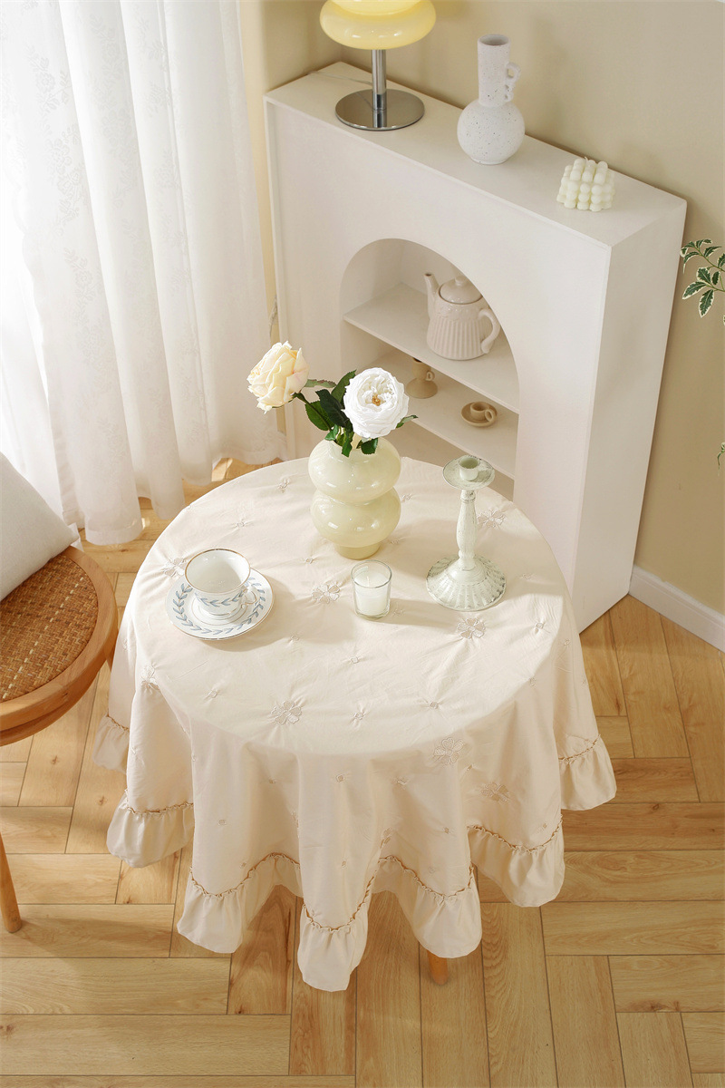 轻奢全棉杏色绣花花草裙摆褶皱荷叶木耳边圆形茶几台布餐桌布代发 桌布 餐桌用 机织 棉制详情图16