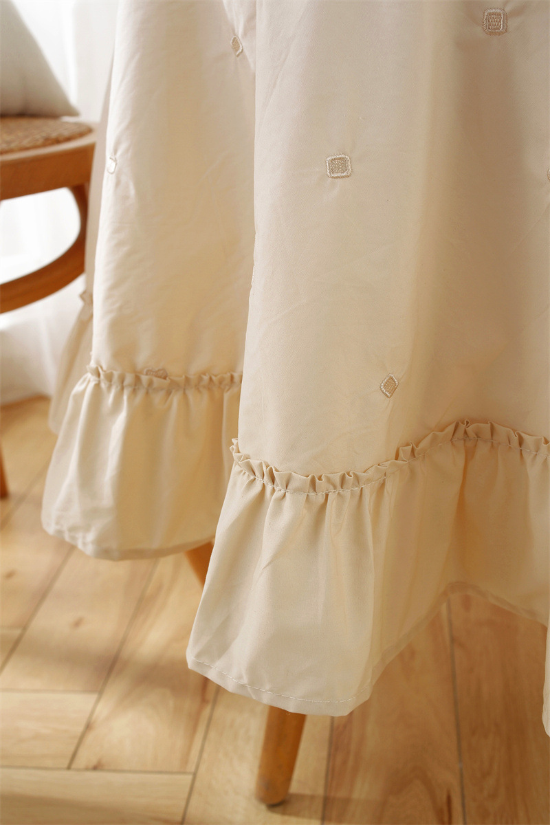 轻奢全棉杏色绣花花草裙摆褶皱荷叶木耳边圆形茶几台布餐桌布代发 桌布 餐桌用 机织 棉制详情图17