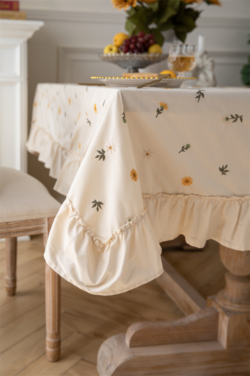 轻奢全棉杏色绣花花草裙摆褶皱荷叶木耳边圆形茶几台布餐桌布代发 桌布 餐桌用 机织 棉制详情图26