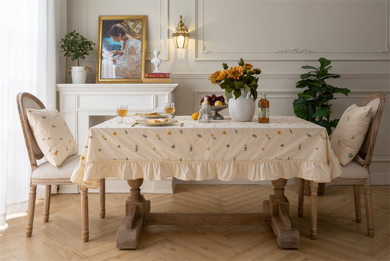 轻奢全棉杏色绣花花草裙摆褶皱荷叶木耳边圆形茶几台布餐桌布代发 桌布 餐桌用 机织 棉制详情图24