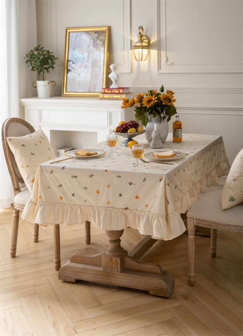 轻奢全棉杏色绣花花草裙摆褶皱荷叶木耳边圆形茶几台布餐桌布代发 桌布 餐桌用 机织 棉制详情图19