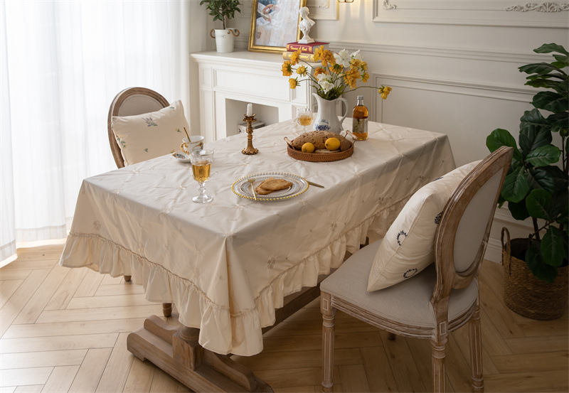 轻奢全棉杏色绣花花草裙摆褶皱荷叶木耳边圆形茶几台布餐桌布代发 桌布 餐桌用 机织 棉制详情图33