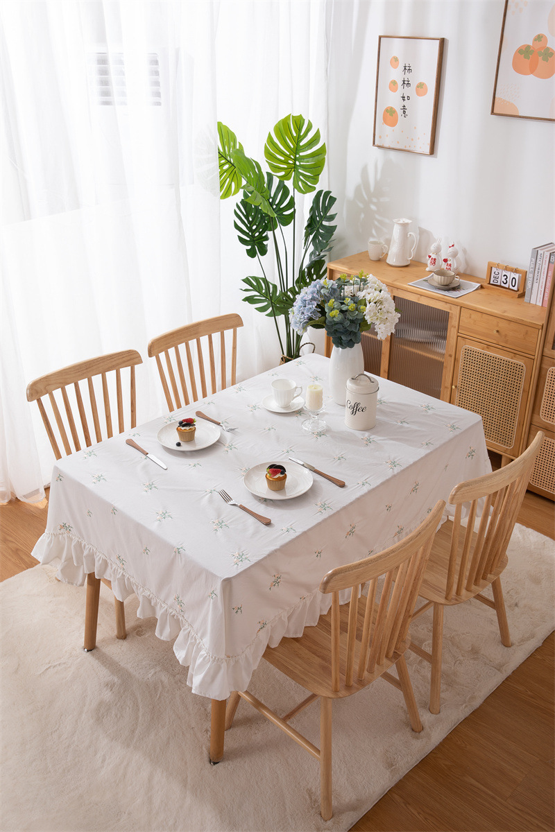 轻奢全棉杏色绣花花草裙摆褶皱荷叶木耳边圆形茶几台布餐桌布代发 桌布 餐桌用 机织 棉制详情图54