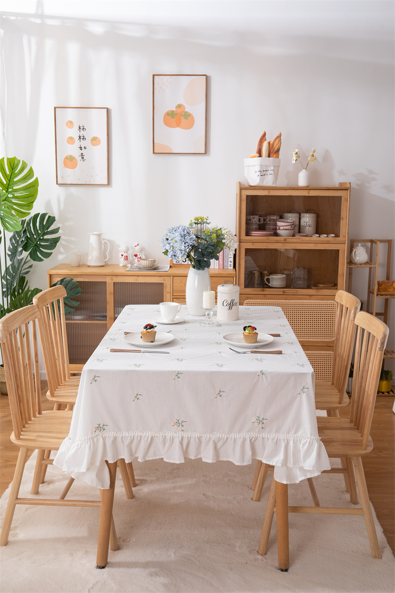 轻奢全棉杏色绣花花草裙摆褶皱荷叶木耳边圆形茶几台布餐桌布代发 桌布 餐桌用 机织 棉制详情图53