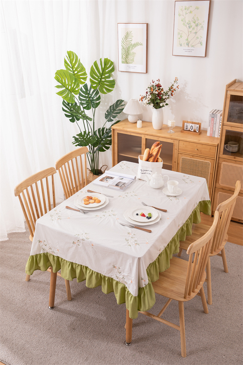 轻奢全棉杏色绣花花草裙摆褶皱荷叶木耳边圆形茶几台布餐桌布代发 桌布 餐桌用 机织 棉制详情图45