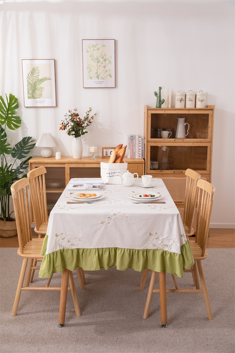 轻奢全棉杏色绣花花草裙摆褶皱荷叶木耳边圆形茶几台布餐桌布代发 桌布 餐桌用 机织 棉制详情图39