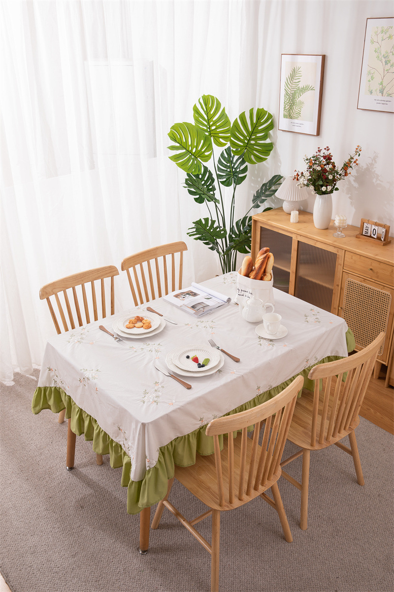 轻奢全棉杏色绣花花草裙摆褶皱荷叶木耳边圆形茶几台布餐桌布代发 桌布 餐桌用 机织 棉制详情图43