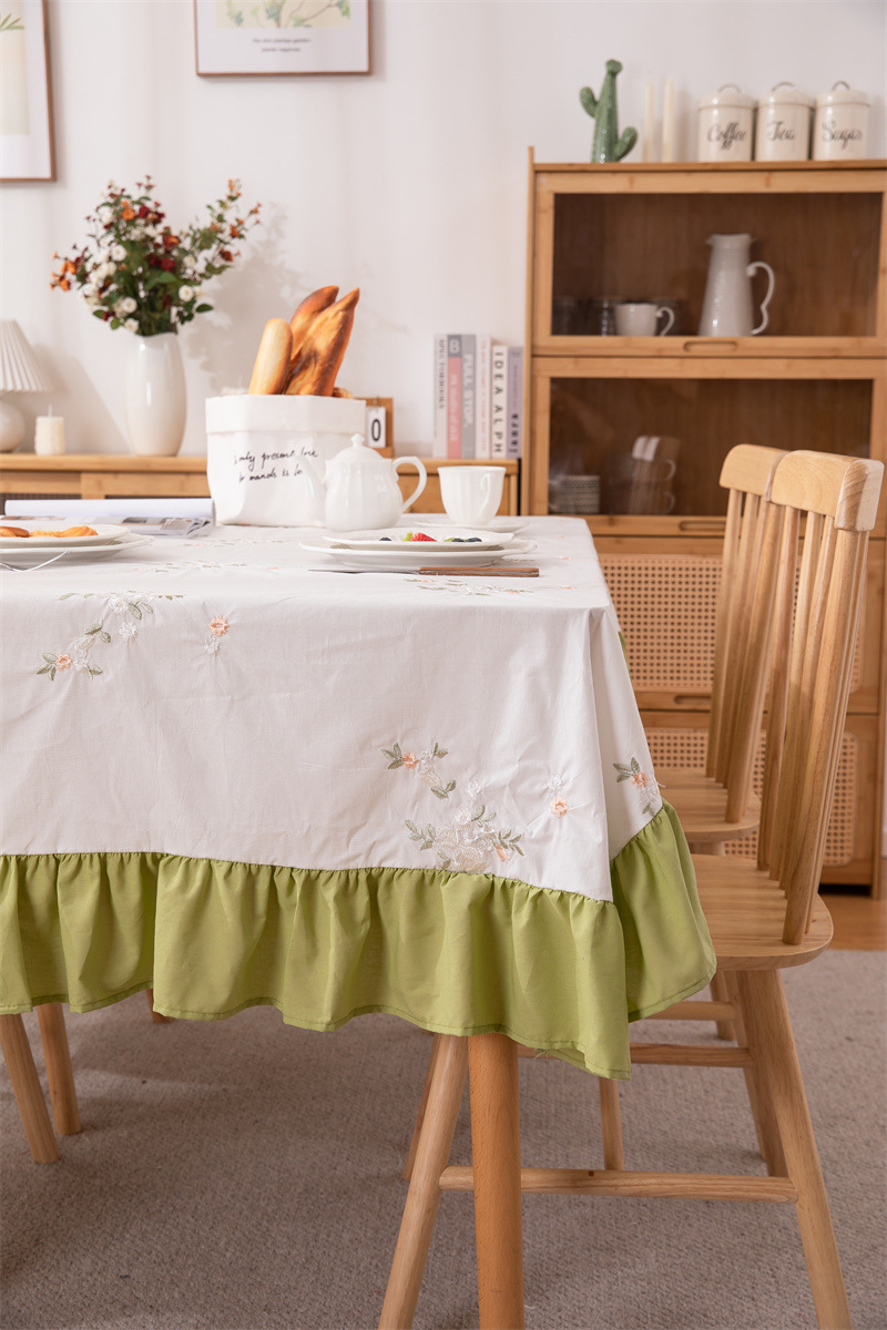 轻奢全棉杏色绣花花草裙摆褶皱荷叶木耳边圆形茶几台布餐桌布代发 桌布 餐桌用 机织 棉制详情图40