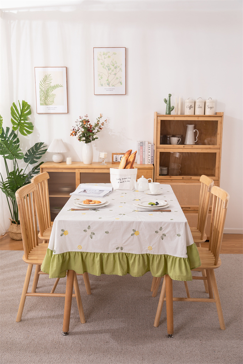 轻奢全棉杏色绣花花草裙摆褶皱荷叶木耳边圆形茶几台布餐桌布代发 桌布 餐桌用 机织 棉制详情图46