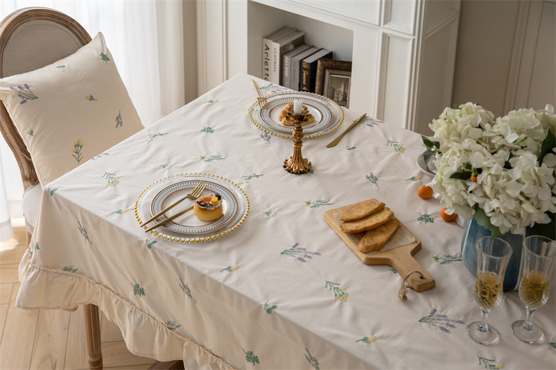 轻奢全棉杏色绣花花草裙摆褶皱荷叶木耳边圆形茶几台布餐桌布代发 桌布 餐桌用 机织 棉制详情图32