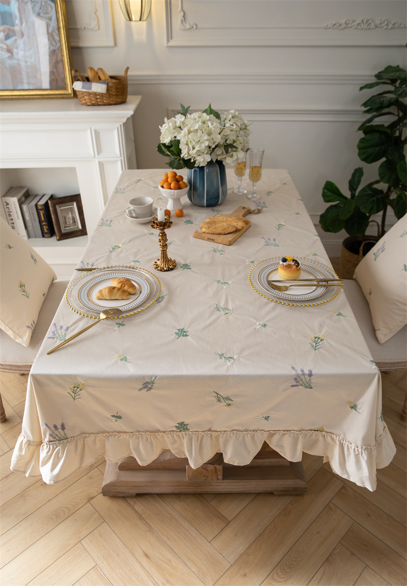 轻奢全棉杏色绣花花草裙摆褶皱荷叶木耳边圆形茶几台布餐桌布代发 桌布 餐桌用 机织 棉制详情图28