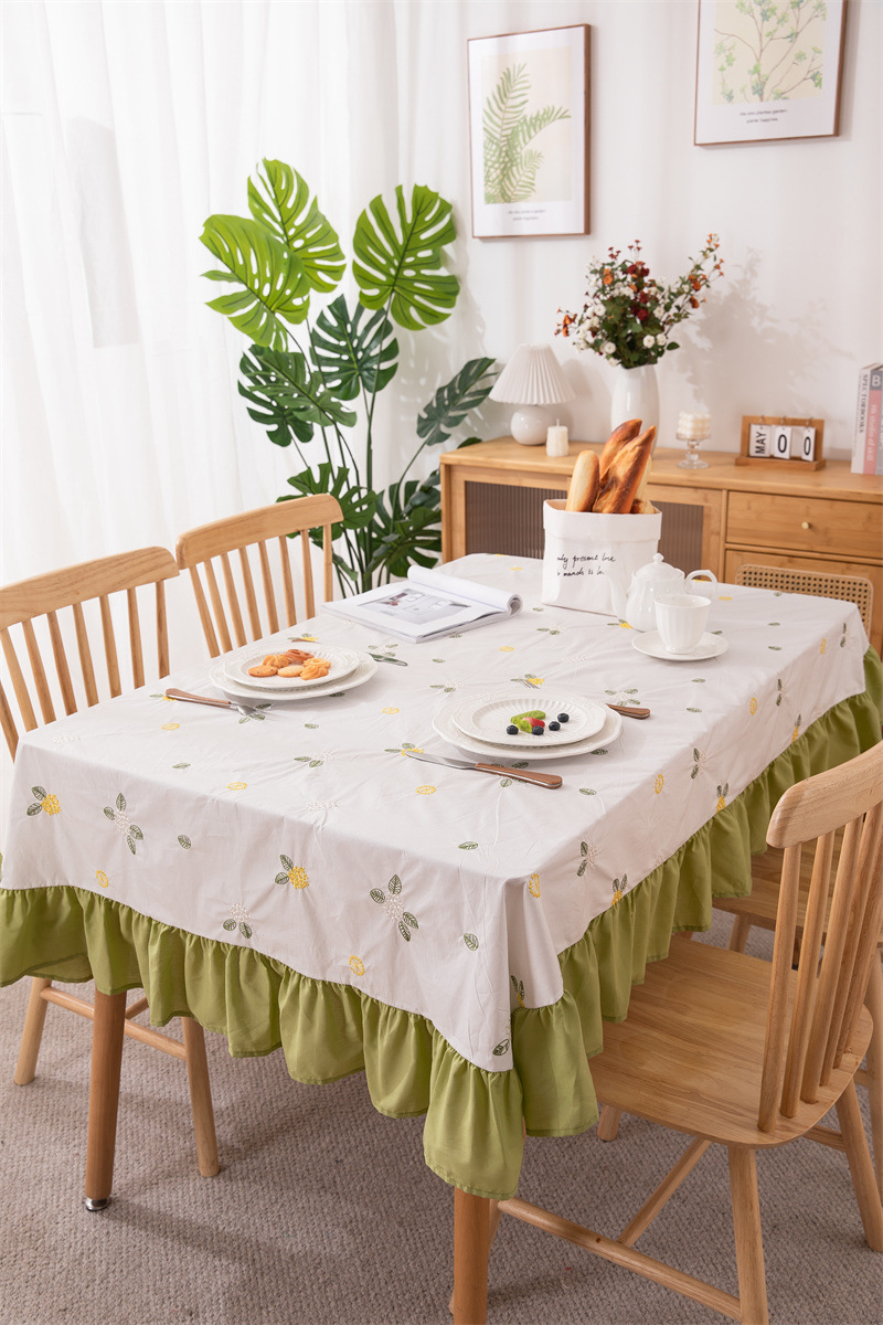 轻奢全棉杏色绣花花草裙摆褶皱荷叶木耳边圆形茶几台布餐桌布代发 桌布 餐桌用 机织 棉制详情图48