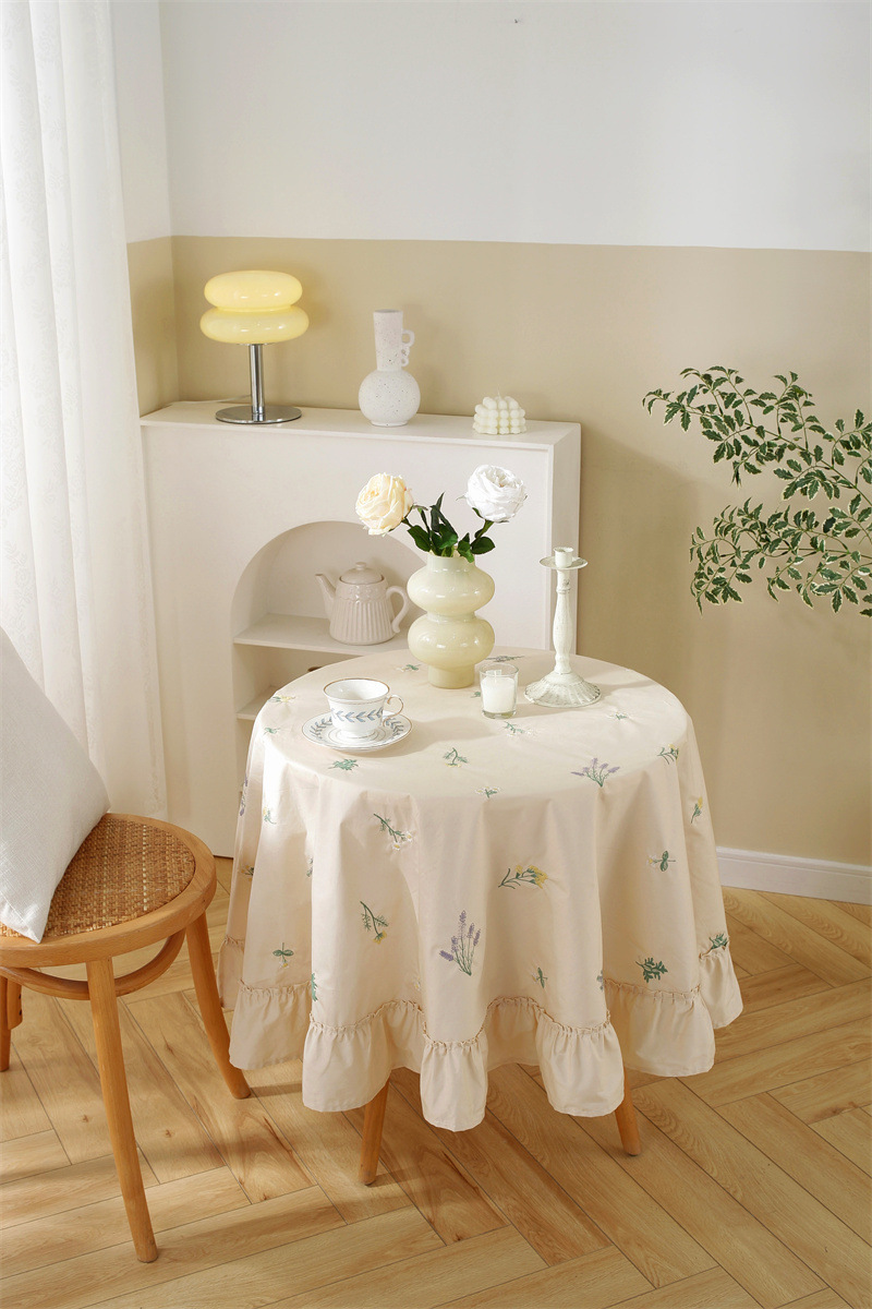 轻奢全棉杏色绣花花草裙摆褶皱荷叶木耳边圆形茶几台布餐桌布代发 桌布 餐桌用 机织 棉制详情图8