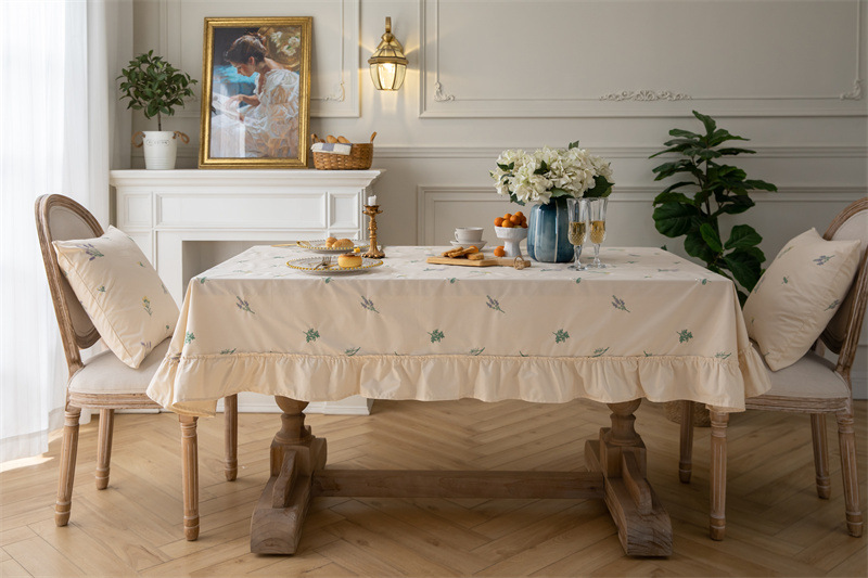 轻奢全棉杏色绣花花草裙摆褶皱荷叶木耳边圆形茶几台布餐桌布代发 桌布 餐桌用 机织 棉制详情图31
