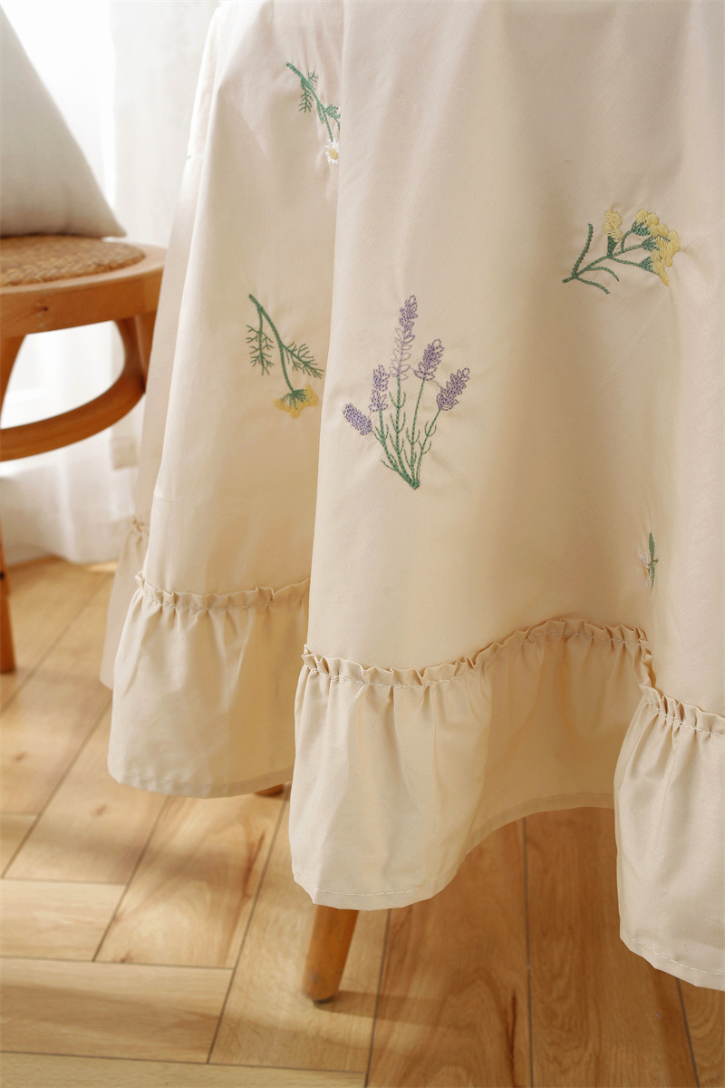 轻奢全棉杏色绣花花草裙摆褶皱荷叶木耳边圆形茶几台布餐桌布代发 桌布 餐桌用 机织 棉制详情图12