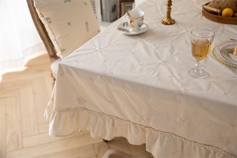 轻奢全棉杏色绣花花草裙摆褶皱荷叶木耳边圆形茶几台布餐桌布代发 桌布 餐桌用 机织 棉制详情图35