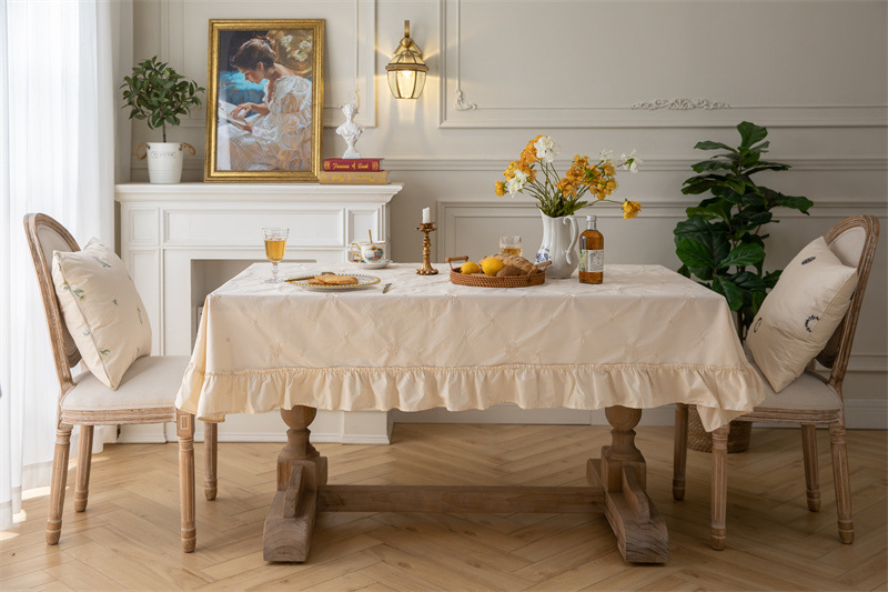 轻奢全棉杏色绣花花草裙摆褶皱荷叶木耳边圆形茶几台布餐桌布代发 桌布 餐桌用 机织 棉制详情图36