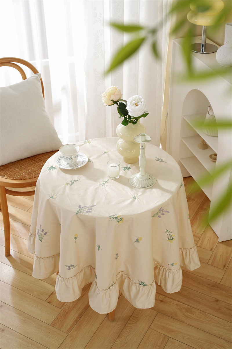 轻奢全棉杏色绣花花草裙摆褶皱荷叶木耳边圆形茶几台布餐桌布代发 桌布 餐桌用 机织 棉制详情图9