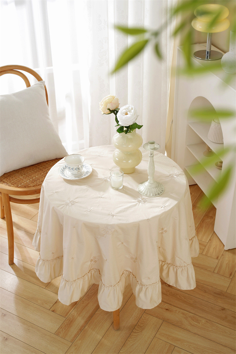 轻奢全棉杏色绣花花草裙摆褶皱荷叶木耳边圆形茶几台布餐桌布代发 桌布 餐桌用 机织 棉制详情图15