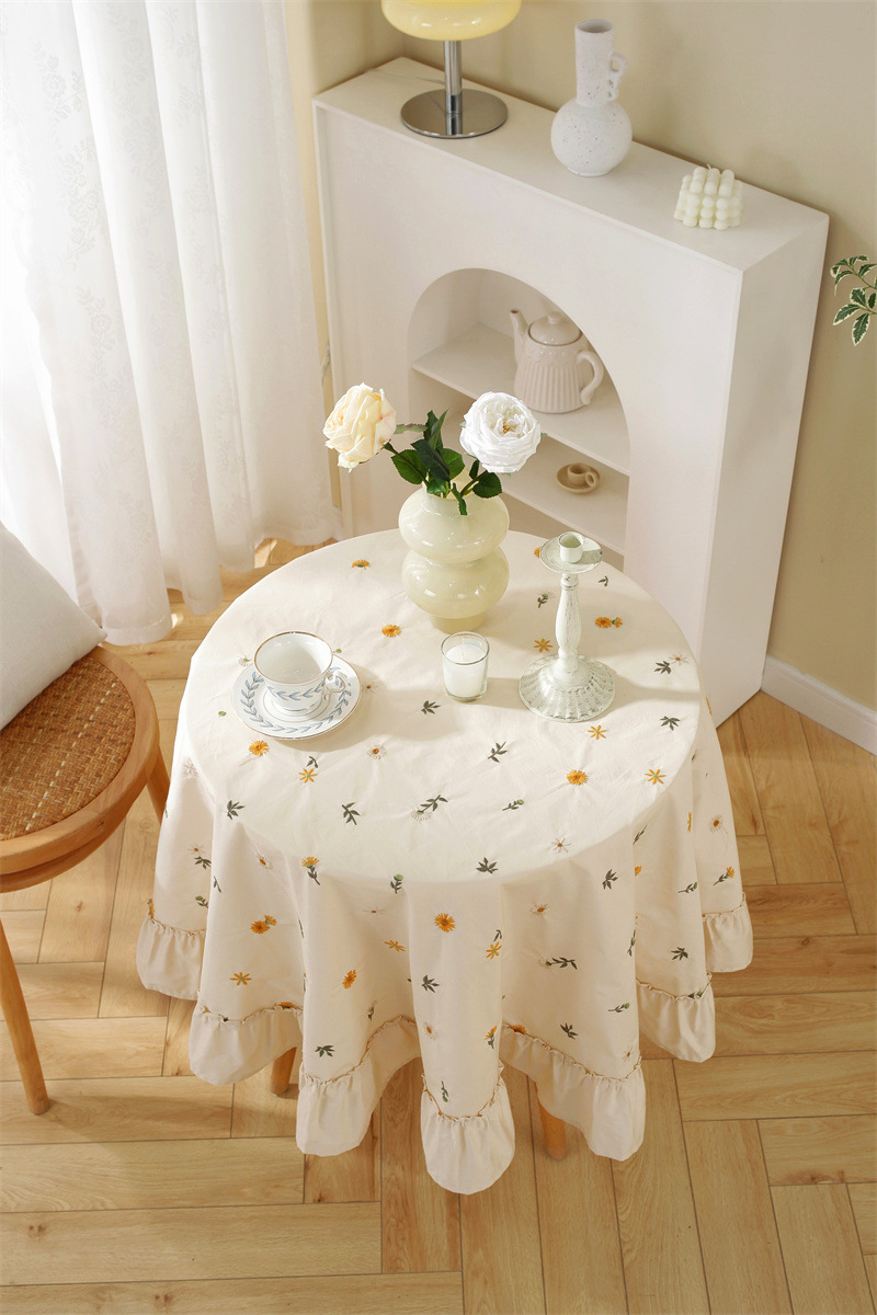 轻奢全棉杏色绣花花草裙摆褶皱荷叶木耳边圆形茶几台布餐桌布代发 桌布 餐桌用 机织 棉制详情图4