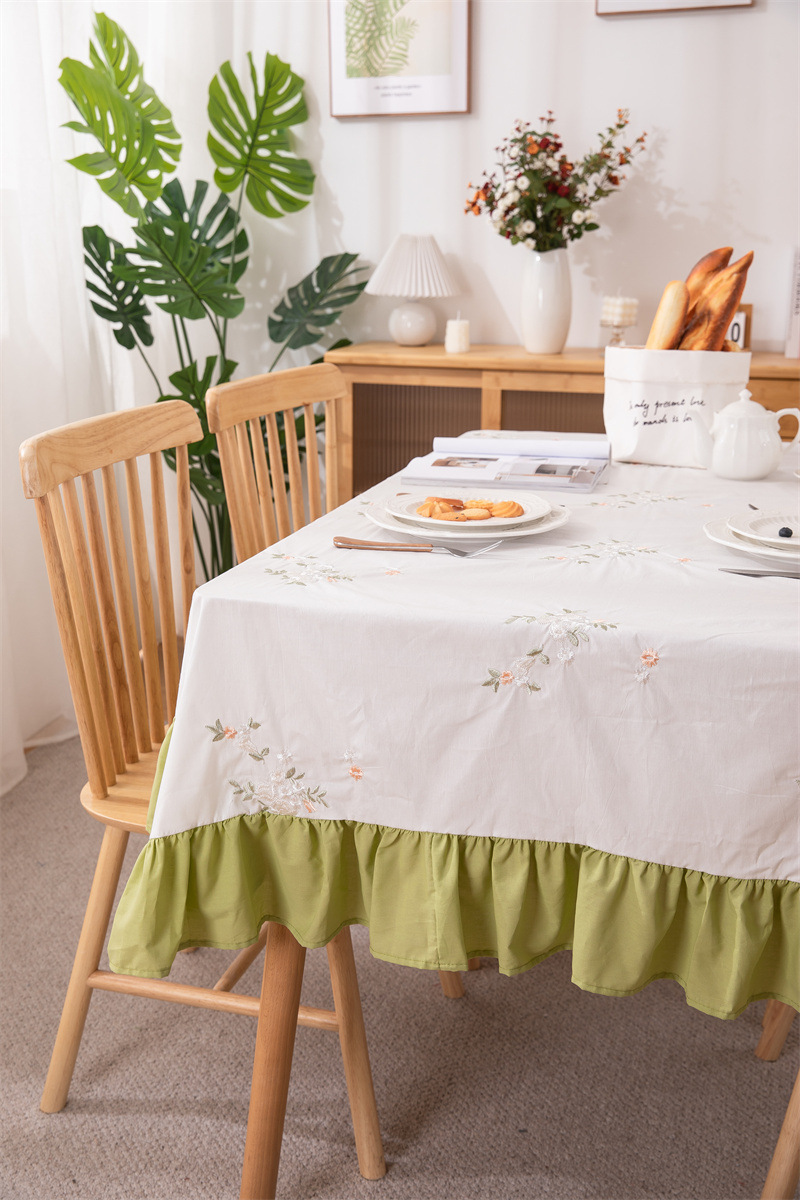 轻奢全棉杏色绣花花草裙摆褶皱荷叶木耳边圆形茶几台布餐桌布代发 桌布 餐桌用 机织 棉制详情图42