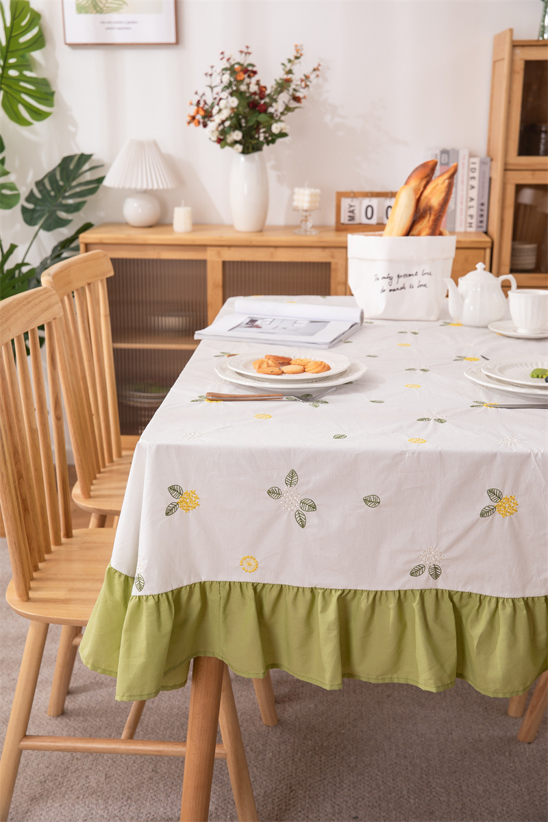 轻奢全棉杏色绣花花草裙摆褶皱荷叶木耳边圆形茶几台布餐桌布代发 桌布 餐桌用 机织 棉制详情图47