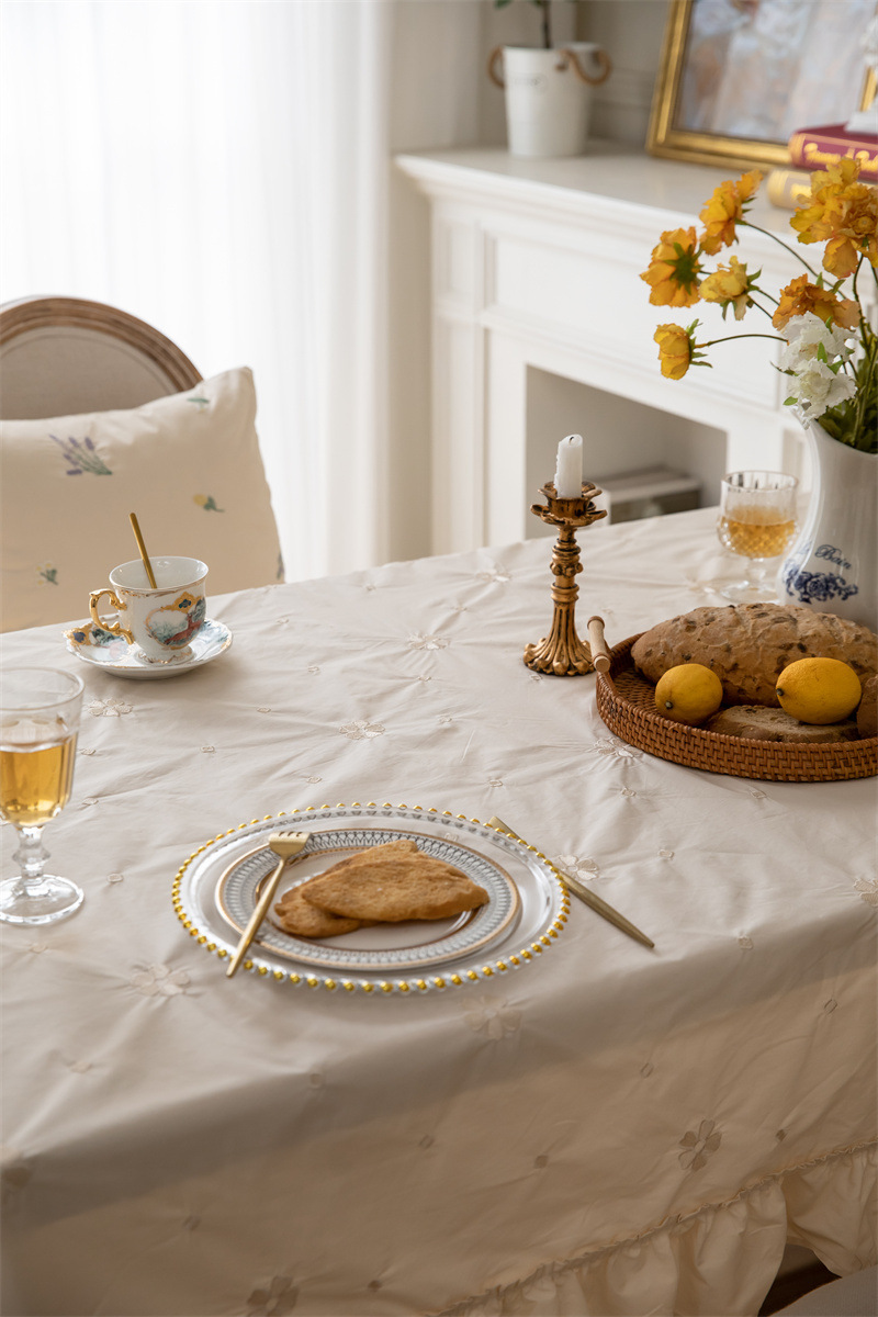 轻奢全棉杏色绣花花草裙摆褶皱荷叶木耳边圆形茶几台布餐桌布代发 桌布 餐桌用 机织 棉制详情图34