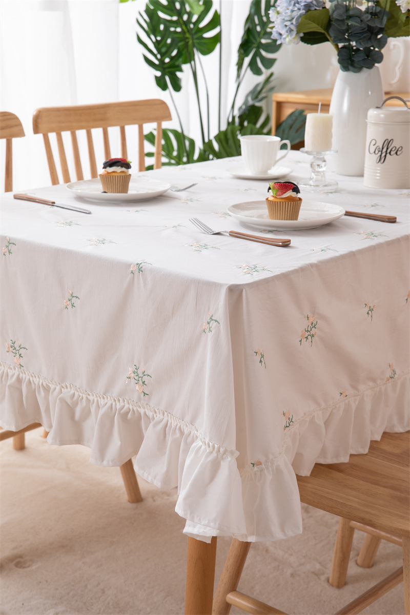 轻奢全棉杏色绣花花草裙摆褶皱荷叶木耳边圆形茶几台布餐桌布代发 桌布 餐桌用 机织 棉制详情图55
