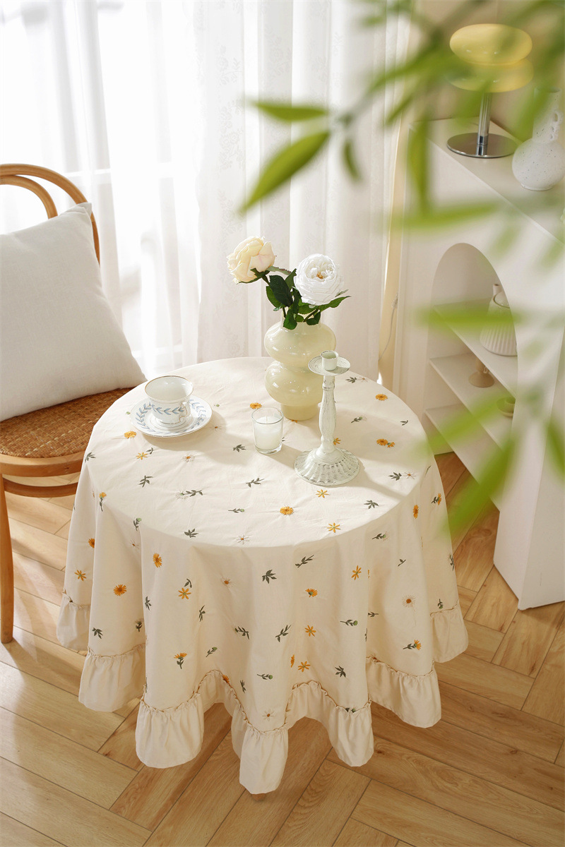 轻奢全棉杏色绣花花草裙摆褶皱荷叶木耳边圆形茶几台布餐桌布代发 桌布 餐桌用 机织 棉制详情图3