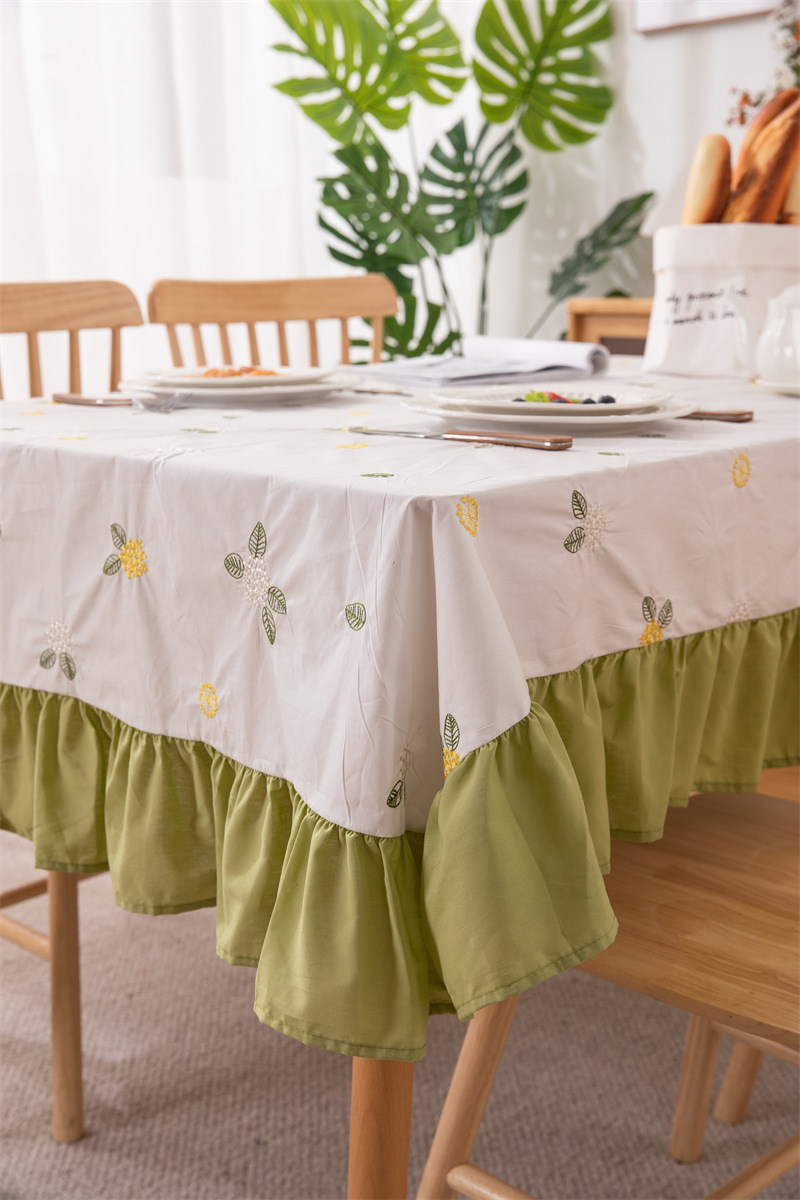 轻奢全棉杏色绣花花草裙摆褶皱荷叶木耳边圆形茶几台布餐桌布代发 桌布 餐桌用 机织 棉制详情图50