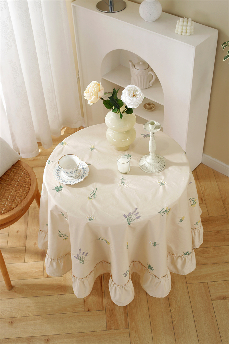 轻奢全棉杏色绣花花草裙摆褶皱荷叶木耳边圆形茶几台布餐桌布代发 桌布 餐桌用 机织 棉制详情图10