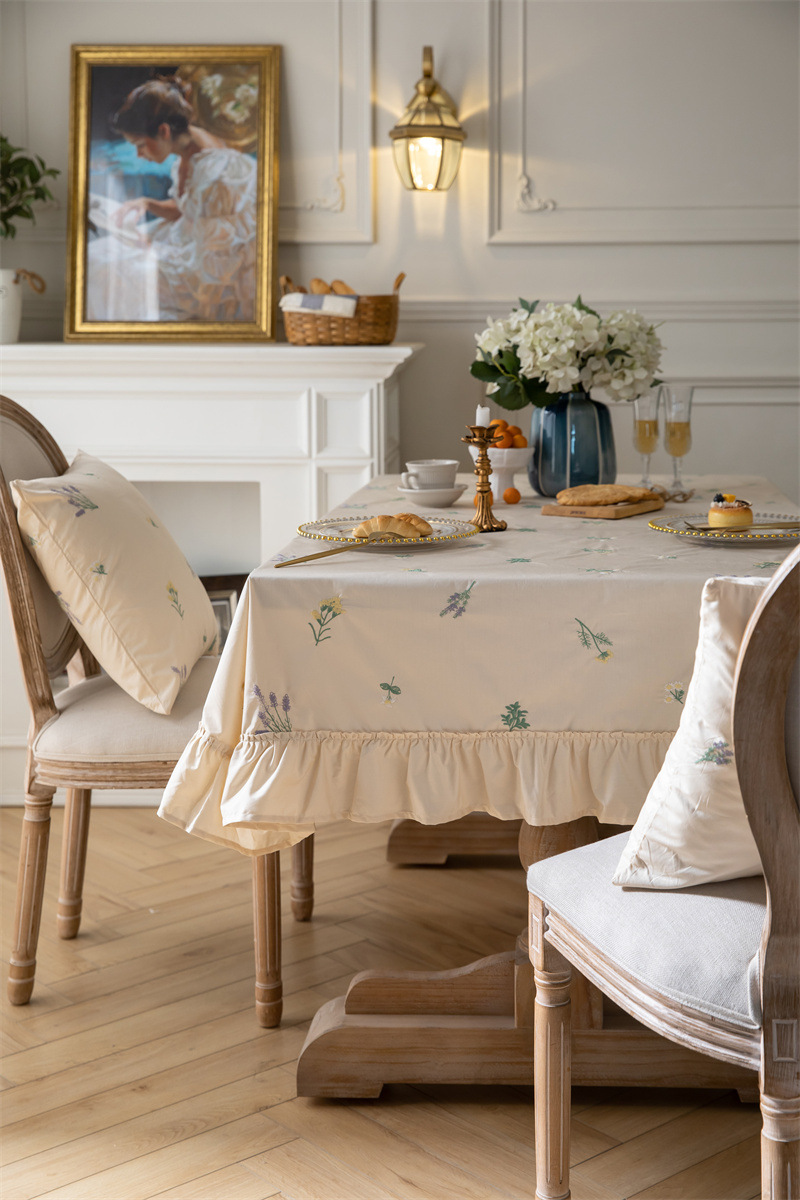 轻奢全棉杏色绣花花草裙摆褶皱荷叶木耳边圆形茶几台布餐桌布代发 桌布 餐桌用 机织 棉制详情图30