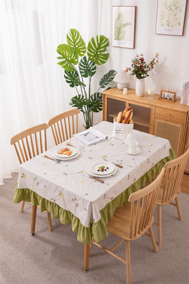 轻奢全棉杏色绣花花草裙摆褶皱荷叶木耳边圆形茶几台布餐桌布代发 桌布 餐桌用 机织 棉制详情图52