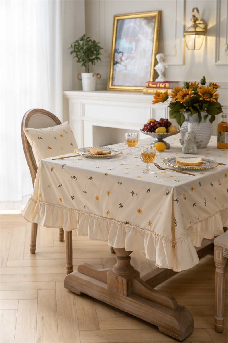 轻奢全棉杏色绣花花草裙摆褶皱荷叶木耳边圆形茶几台布餐桌布代发 桌布 餐桌用 机织 棉制详情图22