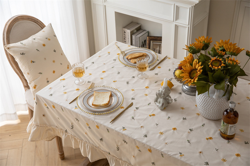 轻奢全棉杏色绣花花草裙摆褶皱荷叶木耳边圆形茶几台布餐桌布代发 桌布 餐桌用 机织 棉制详情图25