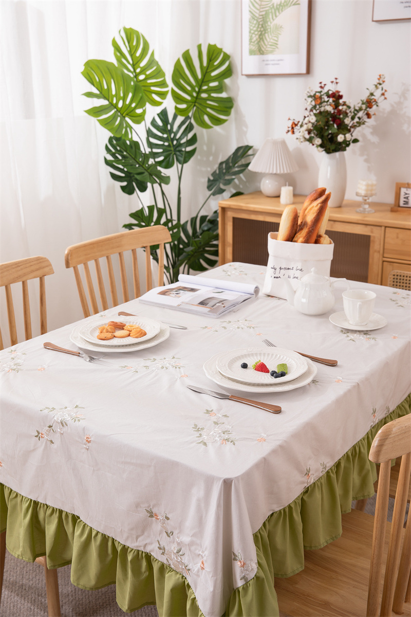 轻奢全棉杏色绣花花草裙摆褶皱荷叶木耳边圆形茶几台布餐桌布代发 桌布 餐桌用 机织 棉制详情图41