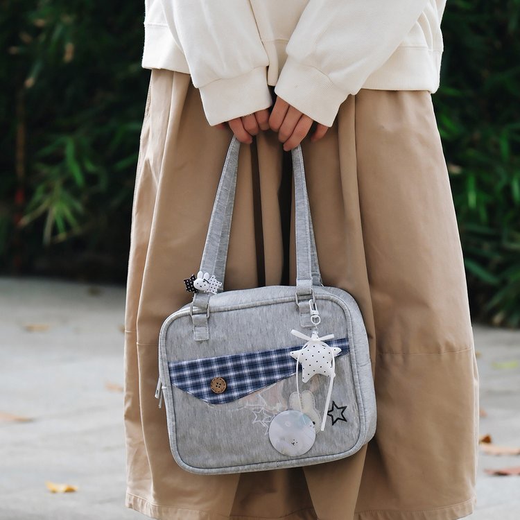 灰色格纹装饰手提包 星星挂件 日系少女风