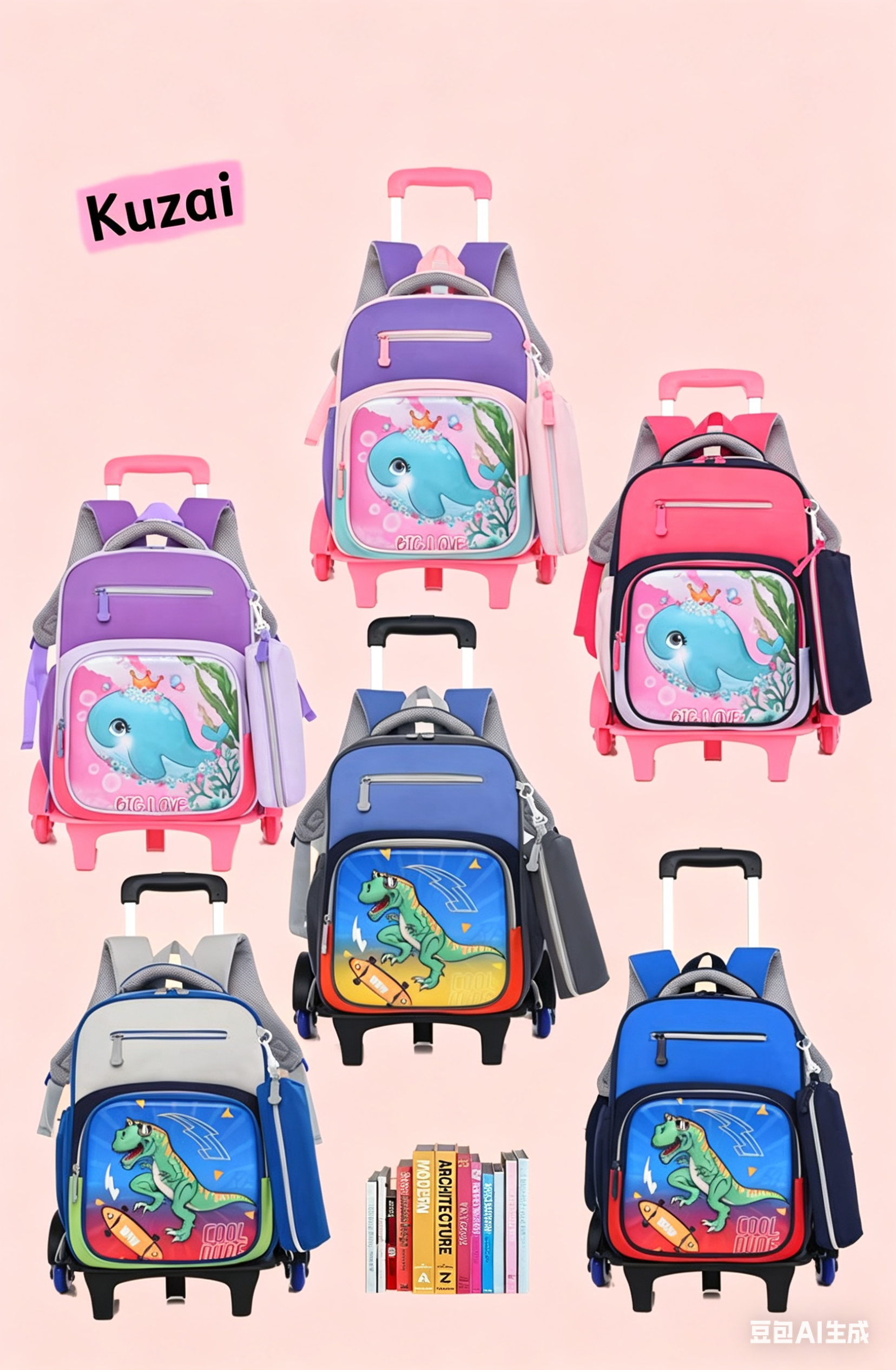 Kuzai 儿童拉杆书包 轮滑设计 鲸鱼恐龙图案 适用小学生