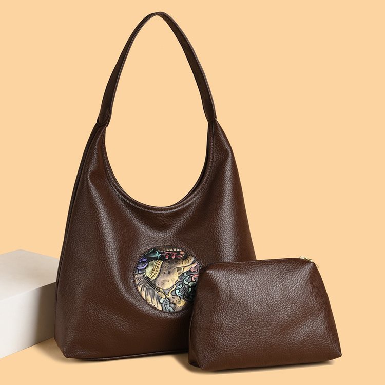 女士棕色头层牛皮手提包 配刺绣图案 单肩斜挎包