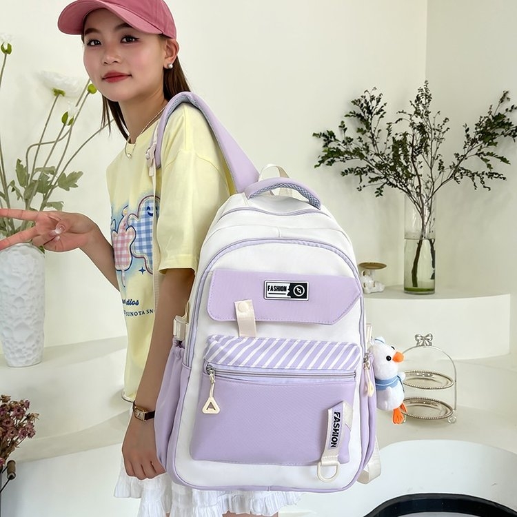 双肩包 紫白撞色 条纹设计 女生款 日常通勤背包