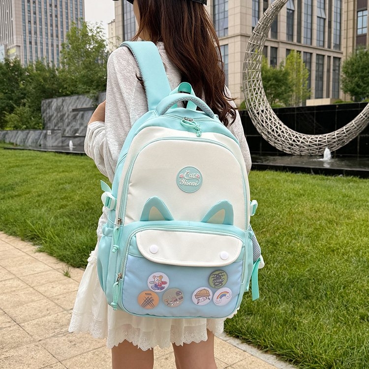 少女心双肩包 猫耳朵造型 蓝色白色拼接 日常通勤