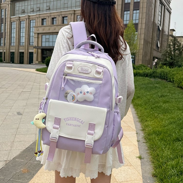 双肩背包 云朵挂件 紫色大容量学生书包