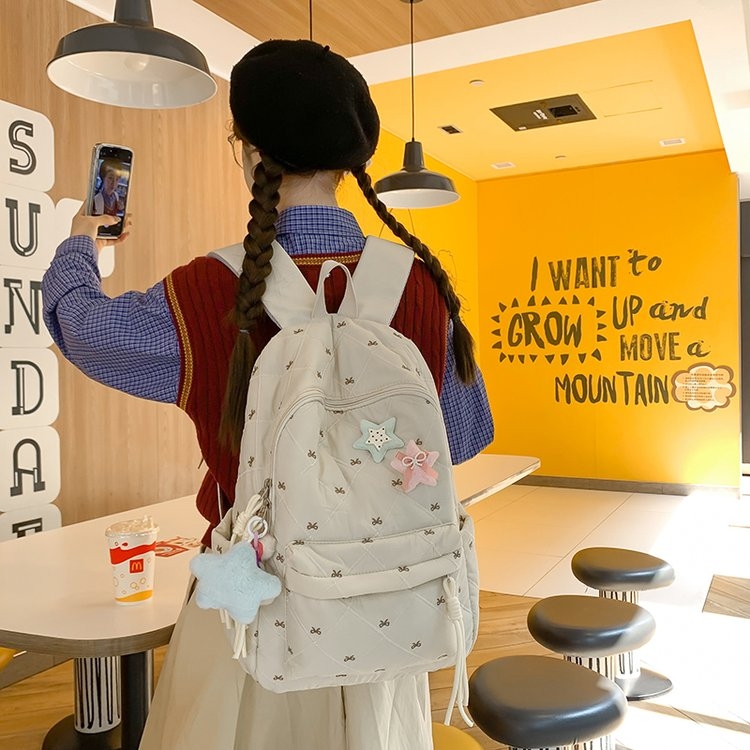 红色菱格双肩包 星星蝴蝶装饰 休闲百搭款详情图9