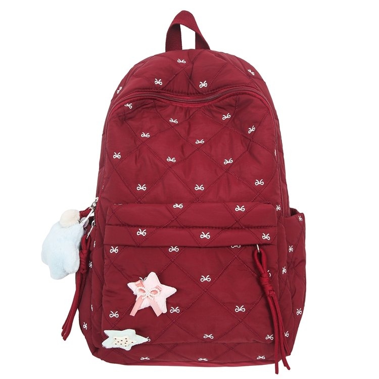 红色菱格双肩包 星星蝴蝶装饰 休闲百搭款详情图2